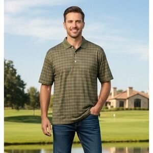 Bobby Jones Collection Polo Mens Plaid Golf Shirt Green Cotton Athleisure Size M